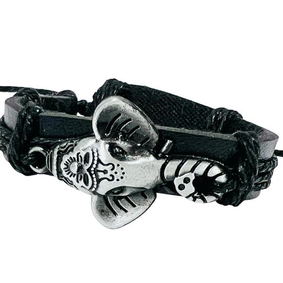 Indian Elephant Bracelet Leather Adjustable Silver Tone Black New - Picture 2 of 5